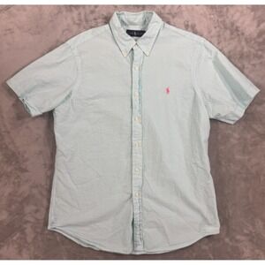 Ralph‎ Lauren Seersucker Shirt Mens L Blue Pinstripe Preppy Pink Pony Comfort
